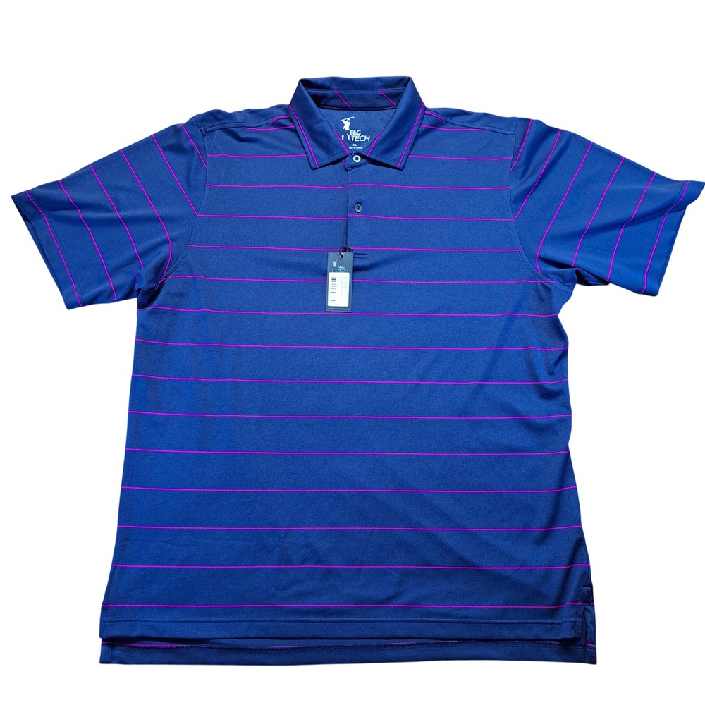 F&G Tech Golf Polo Mens XL Navy Blue New‎ Striped Short Sleeve Wicking Shirt